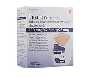 Image of Trelegy Ellipta inhaler (Fluticasone/Umeclidinium/Vilanterol) – Buy Trelegy Ellipta from MedsEngage, triple therapy for COPD and asthma